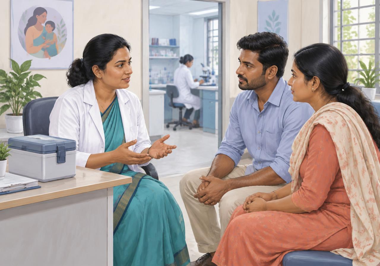 Illustration of a healthcare professional discussing testing with a family in an Indian care setting